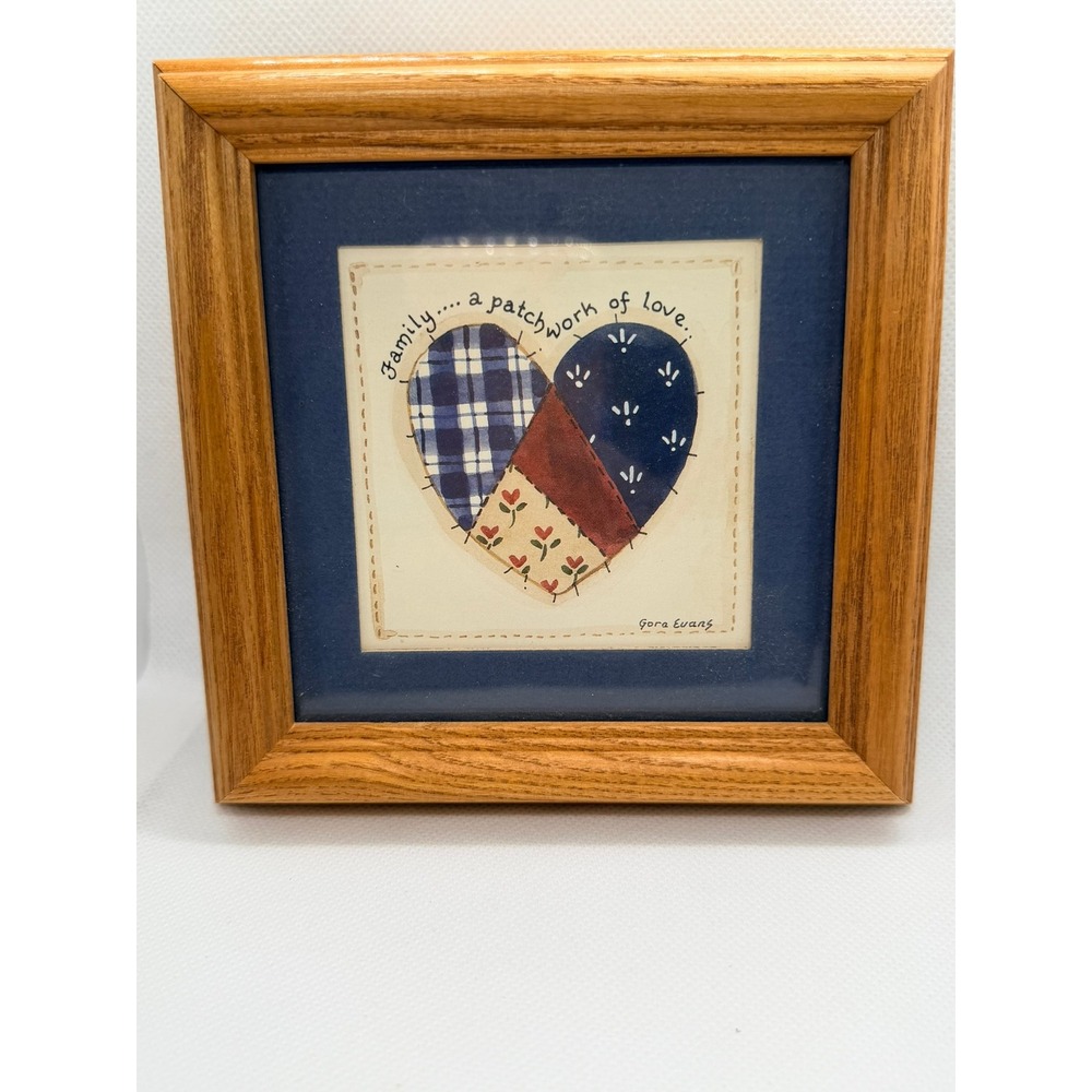 Vintage Peaceful Family Products Cora Evans Patchwork Heart Framed Art 6x6 Set 2